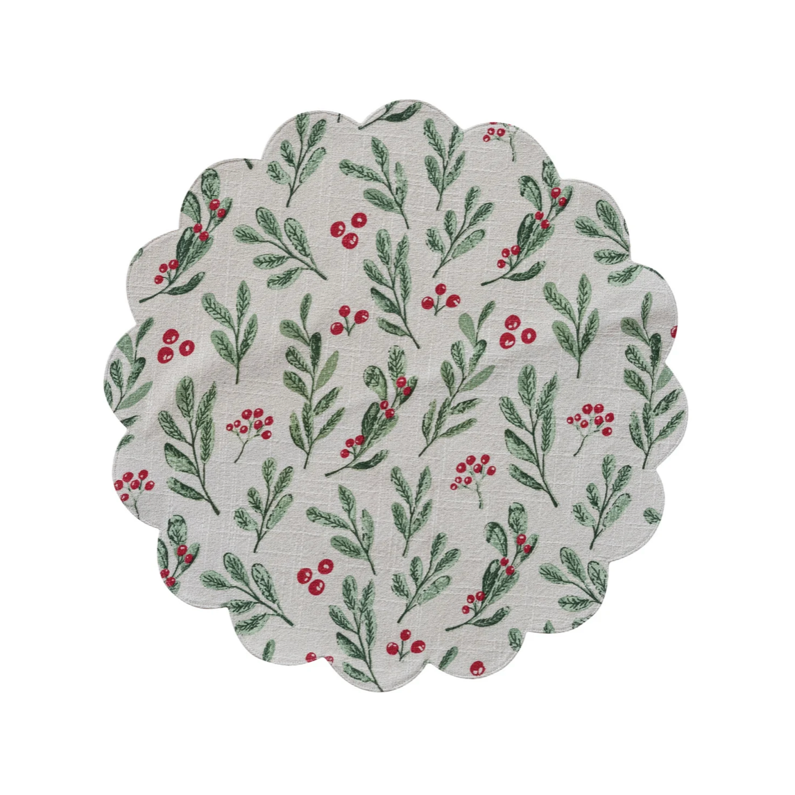 Woven Cotton Printed Scalloped Placemat with Mistletoe Pattern