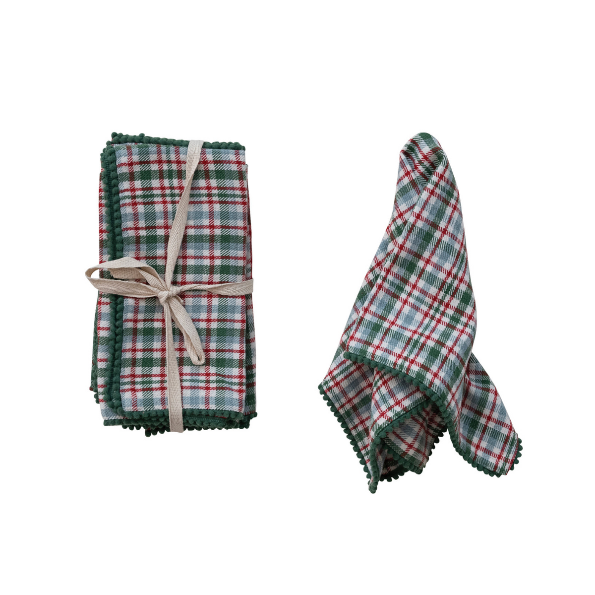 Woven Cotton Napkins with Plaid Pattern & Mini Pom Pom Trim