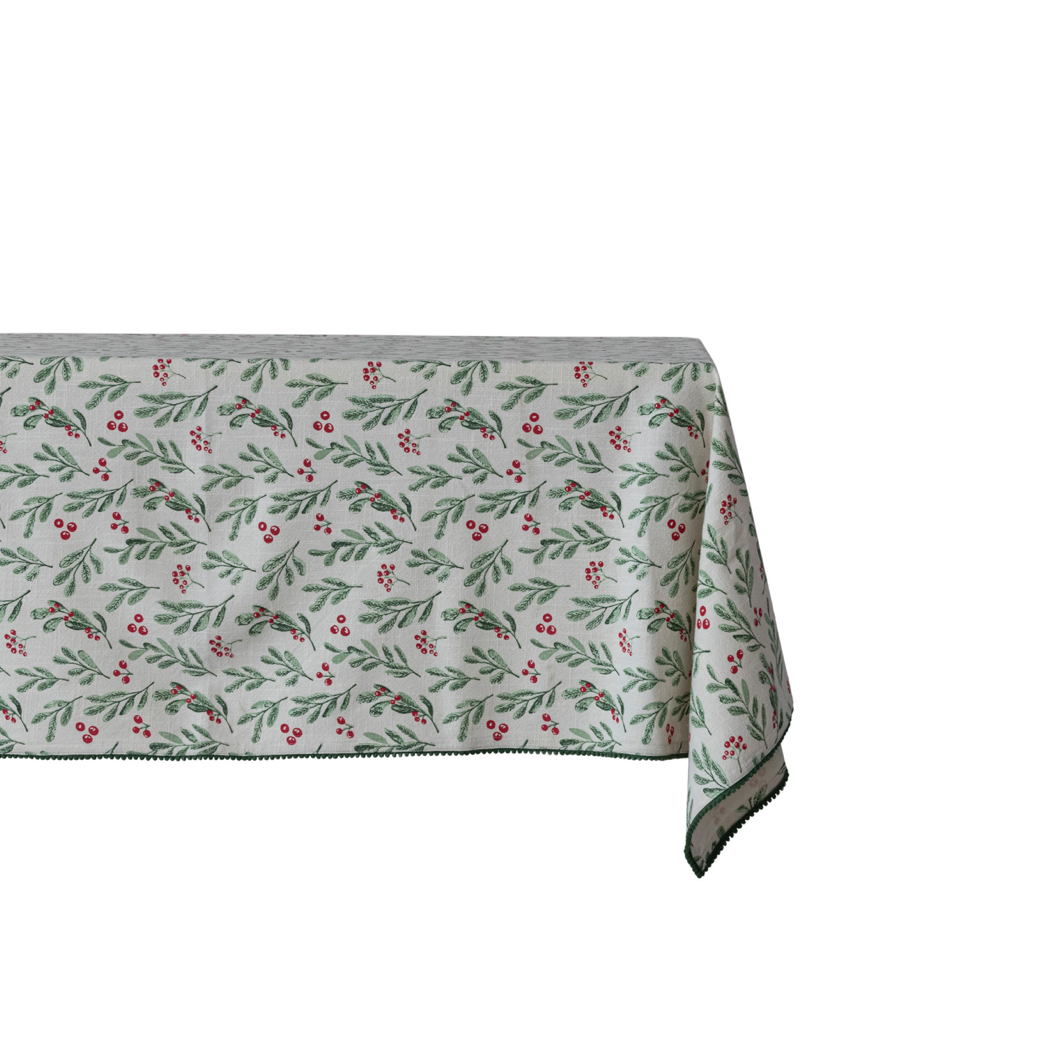 Cotton Table Cloth - Mistletoe & Mini Pom Pom Trim