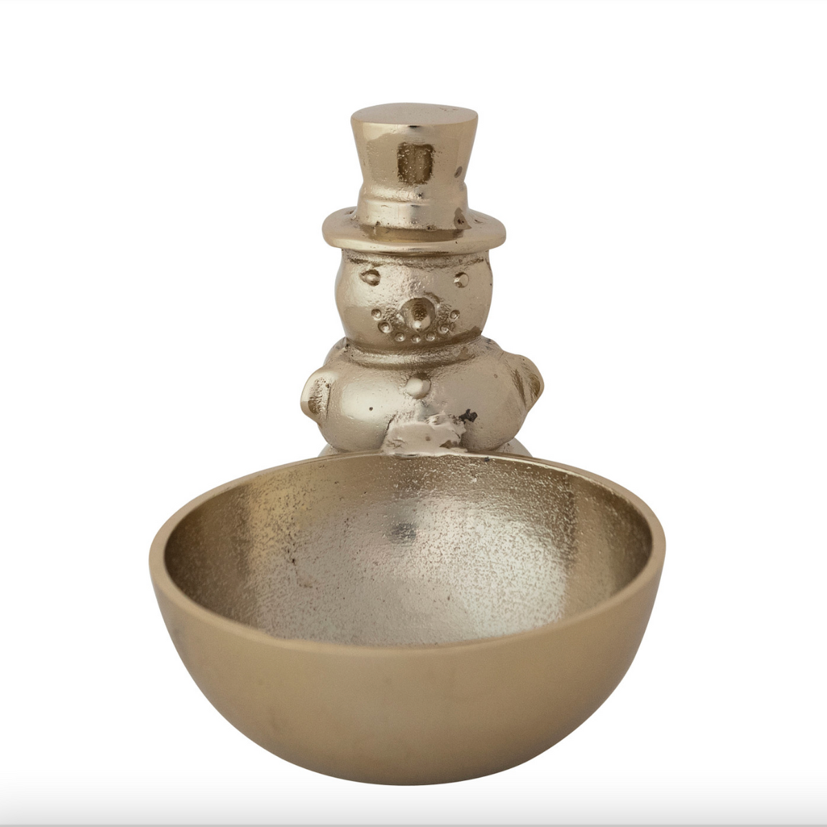 A metallic gold snowman figurine wearing a top hat and standing behind a matching bowl, shown against a plain white background.