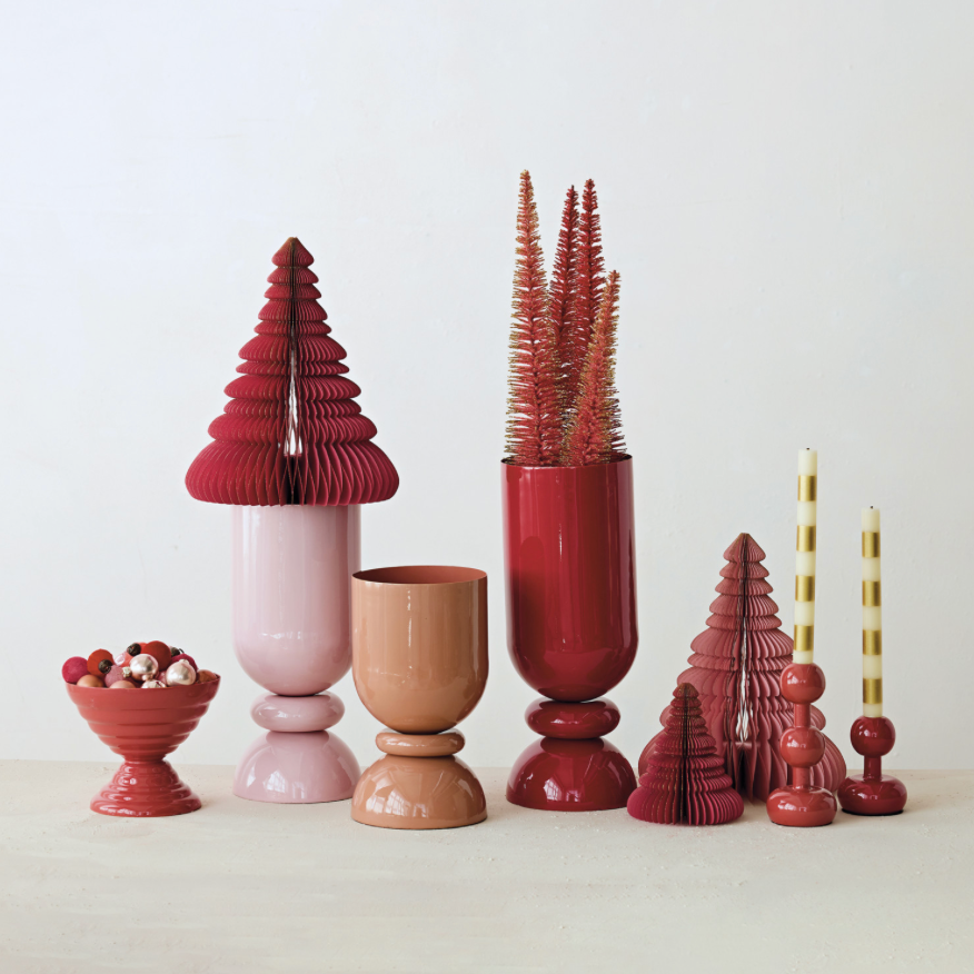 Enameled Metal Footed Vase - Pink, cranberry red & blush