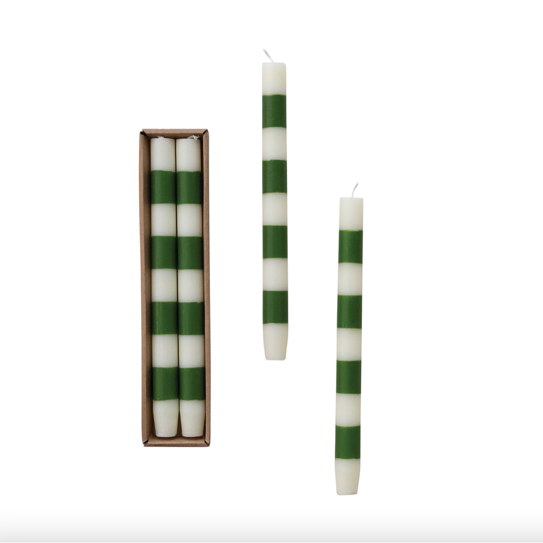 Unscented Taper Candles with Green & White Stripes  - Set of 2