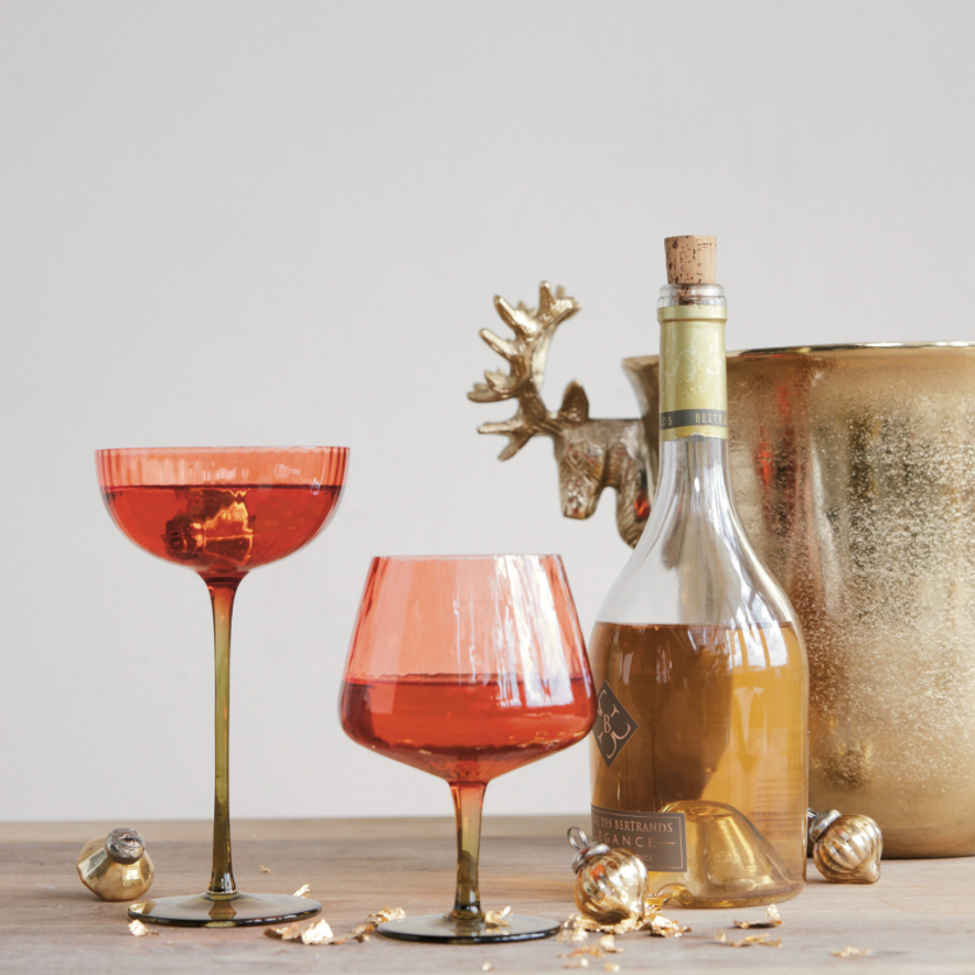 Ribbed Stemmed Coupe Glass - Red & Olive Green