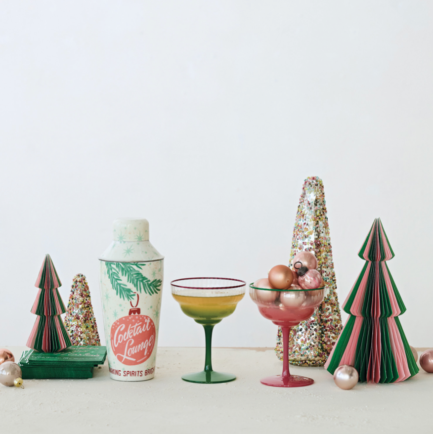 Pink Fluted Stemmed Coupe Glass with Green Colored Rim