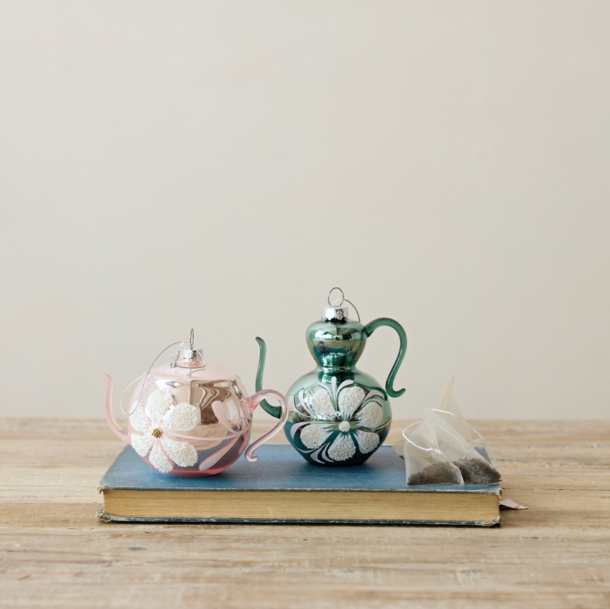 Hand-Painted Glass Teapot Ornament with Flower - 2 Styles
