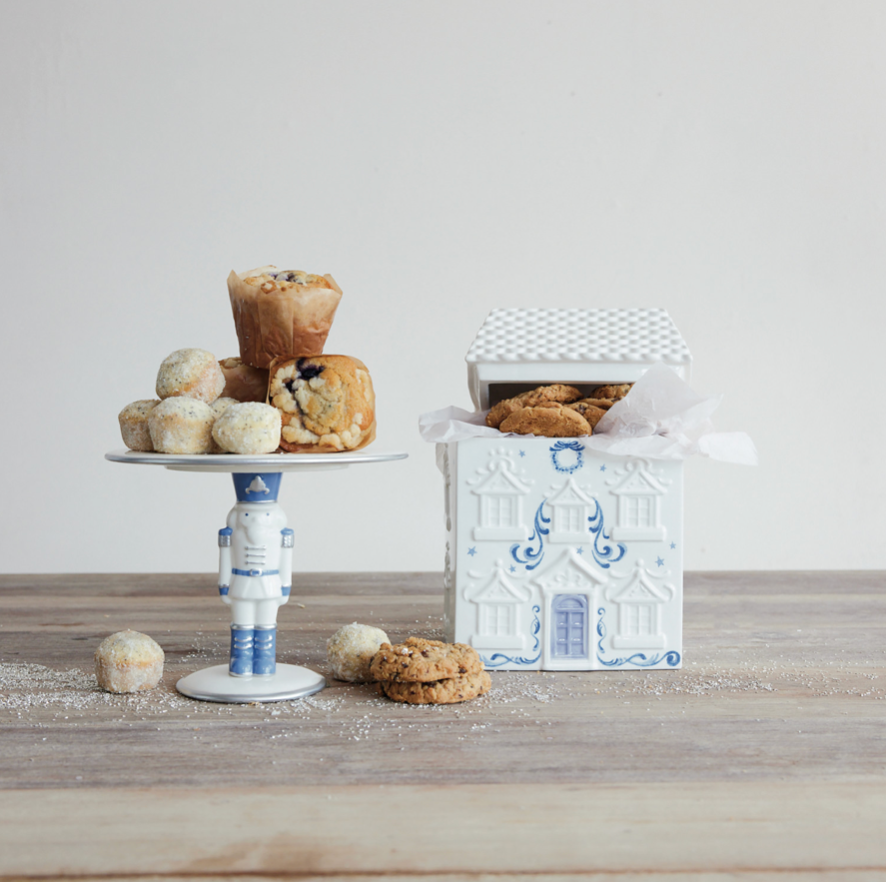 Blue & White Ceramic Holiday House Cookie Jar