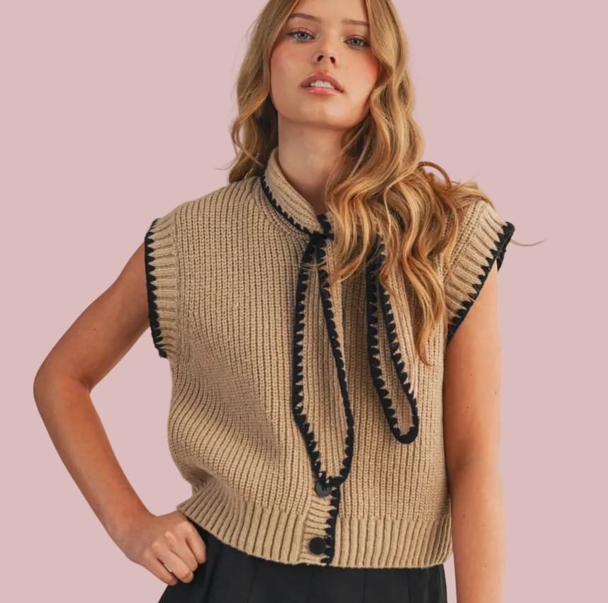 Tie Neck Taupe Sweater Vest with Black Contrast Blanket Stitch