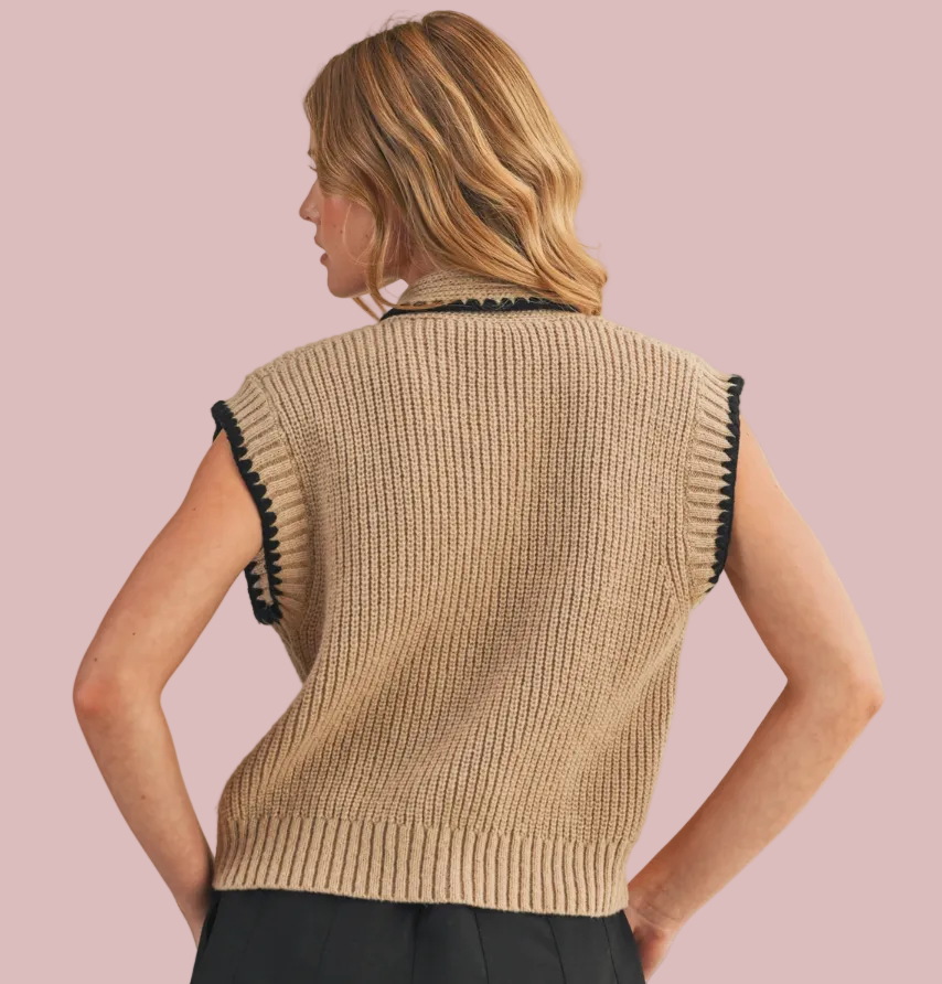 Tie Neck Taupe Sweater Vest with Black Contrast Blanket Stitch