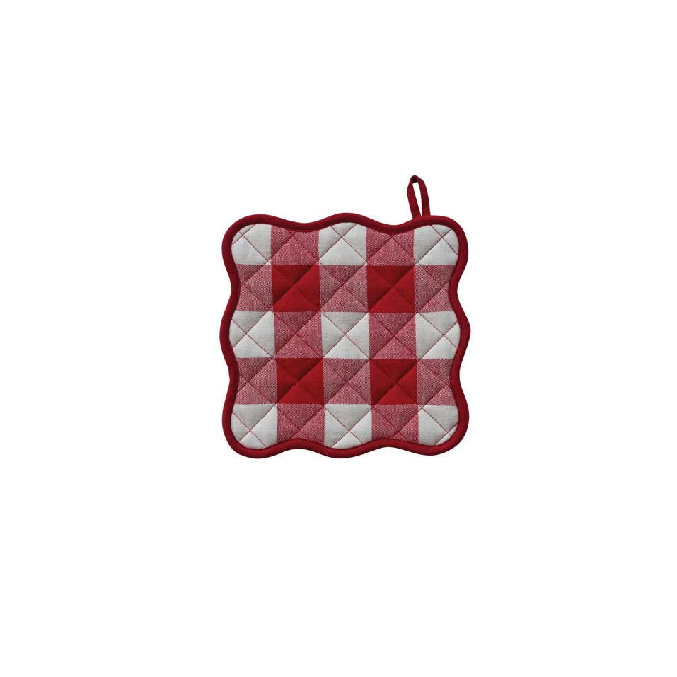 Two-Sided Cotton Scalloped Pot Holder with Buffalo Check Pattern & Piping