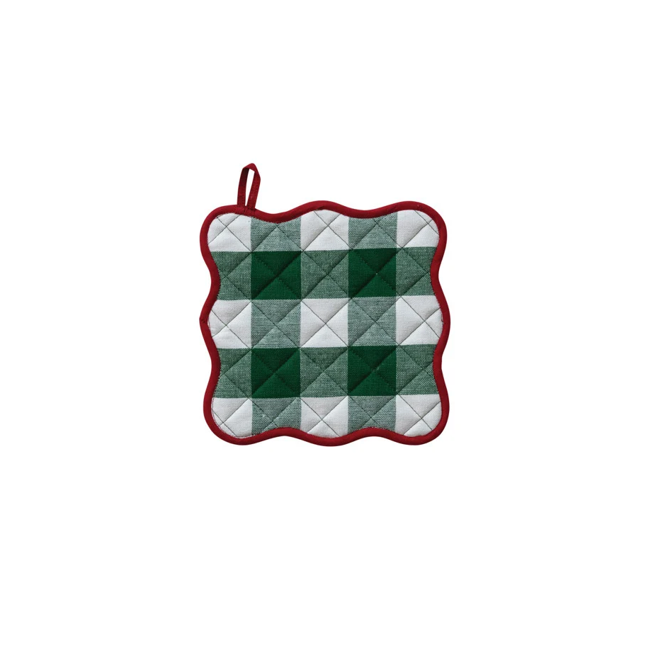 Two-Sided Cotton Scalloped Pot Holder with Buffalo Check Pattern & Piping