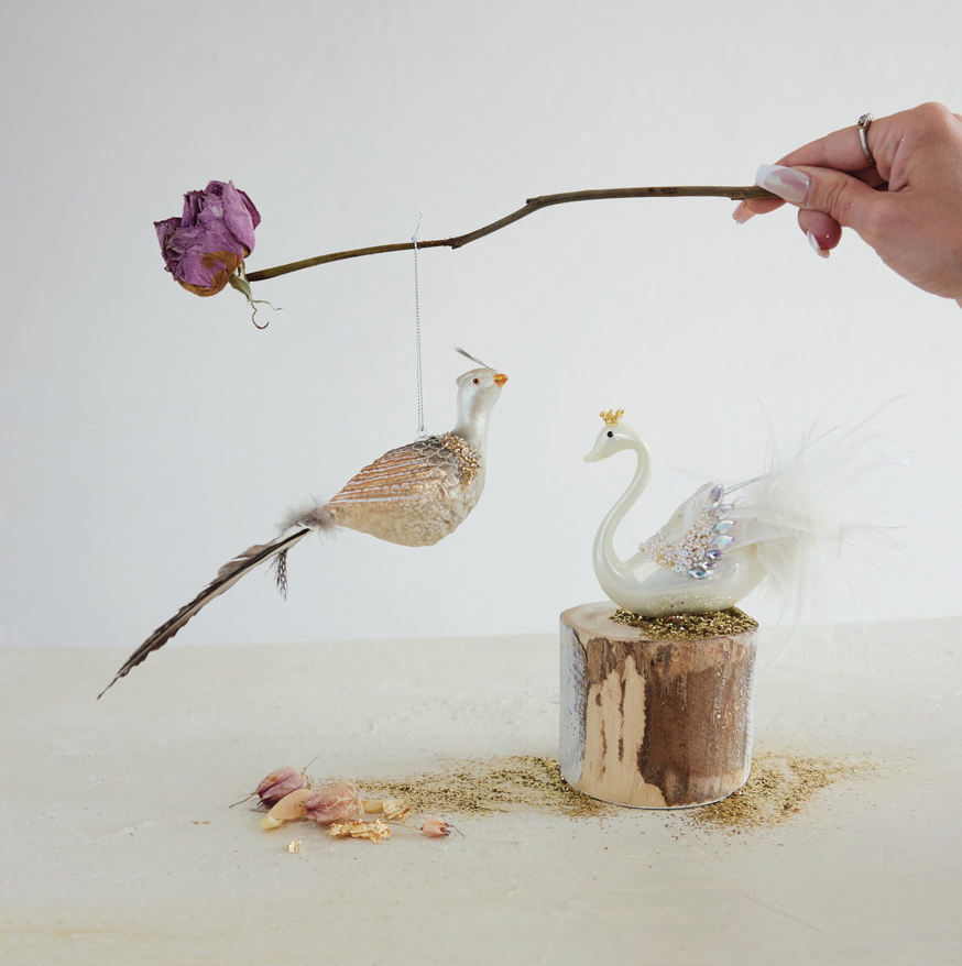 Hand-Painted Glass Swan Ornament with Faux Feathers