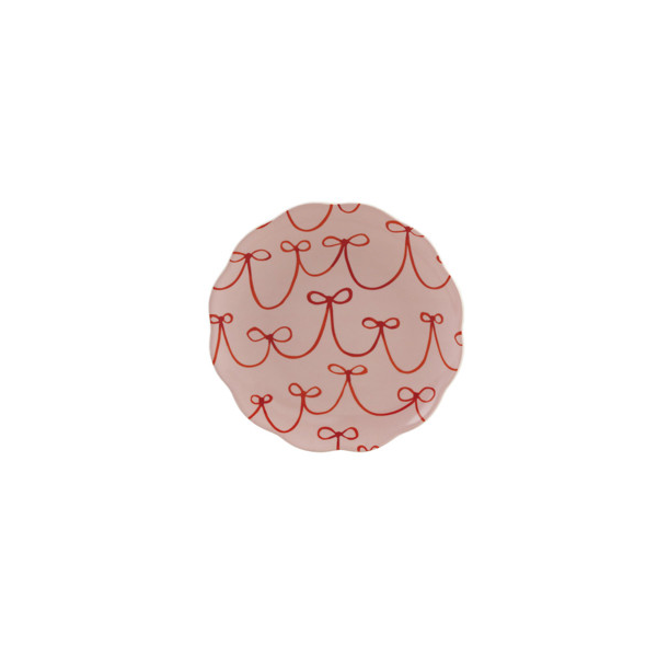 Stoneware Scalloped Bow Plate - Light Pink with red bows