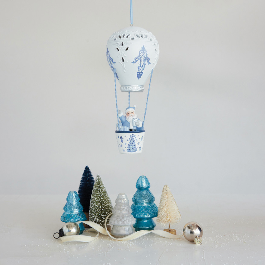 White & Blue Resin Hot Air Balloon Ornament