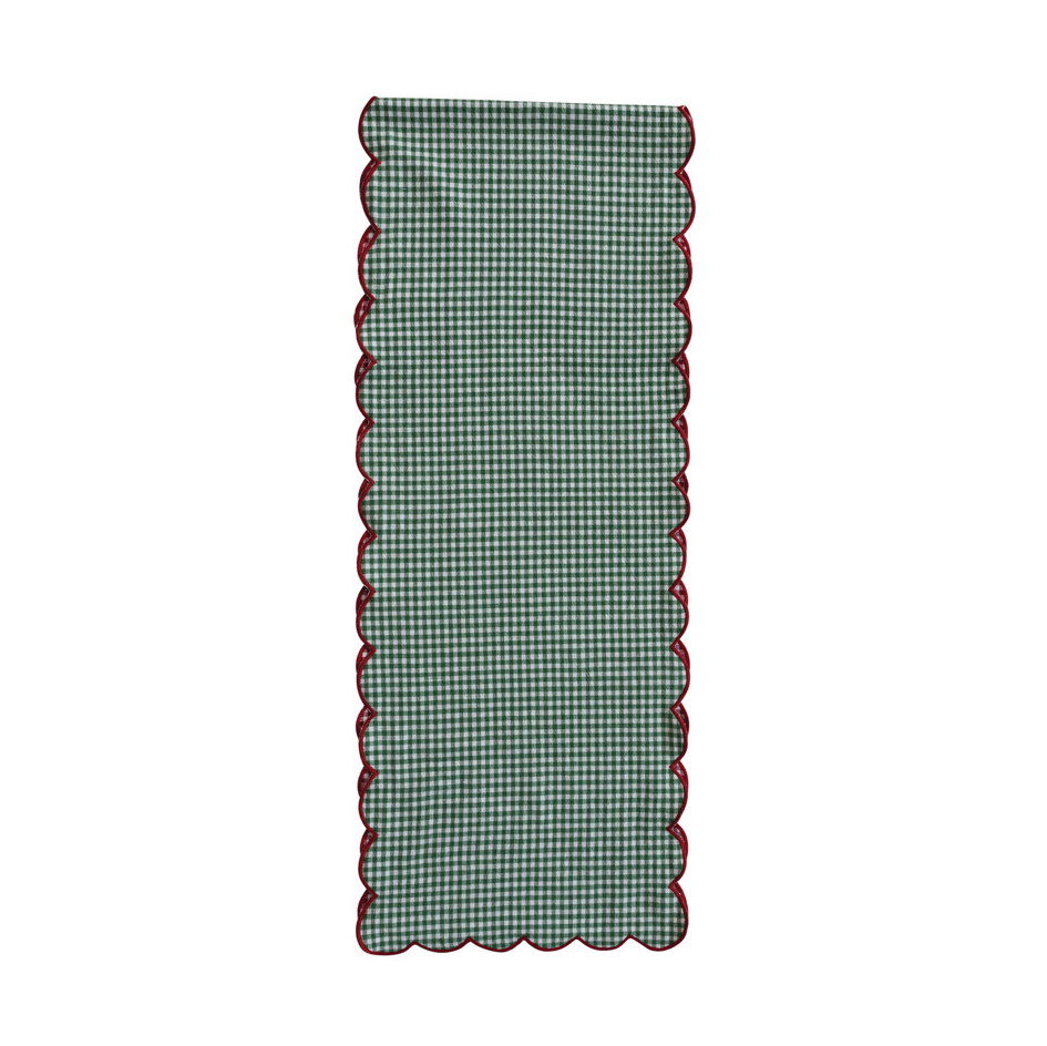 Woven Cotton Gingham Scalloped Two-Sided Full Table Runner with Stitched Edge