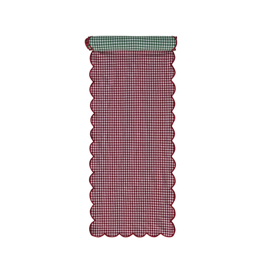 Woven Cotton Gingham Scalloped Two-Sided Full Table Runner with Stitched Edge