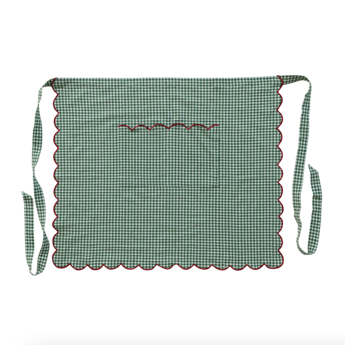 Woven Cotton Gingham Scalloped Half Apron, Contrasting Stitched Edge & Pocket