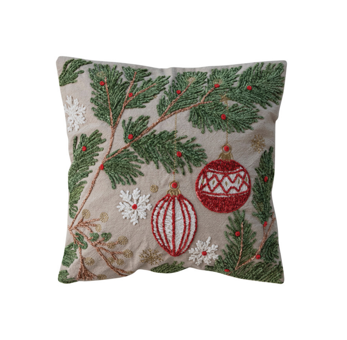Embroidered Pine Boughs Cotton Pillow Ornaments & Snowflakes