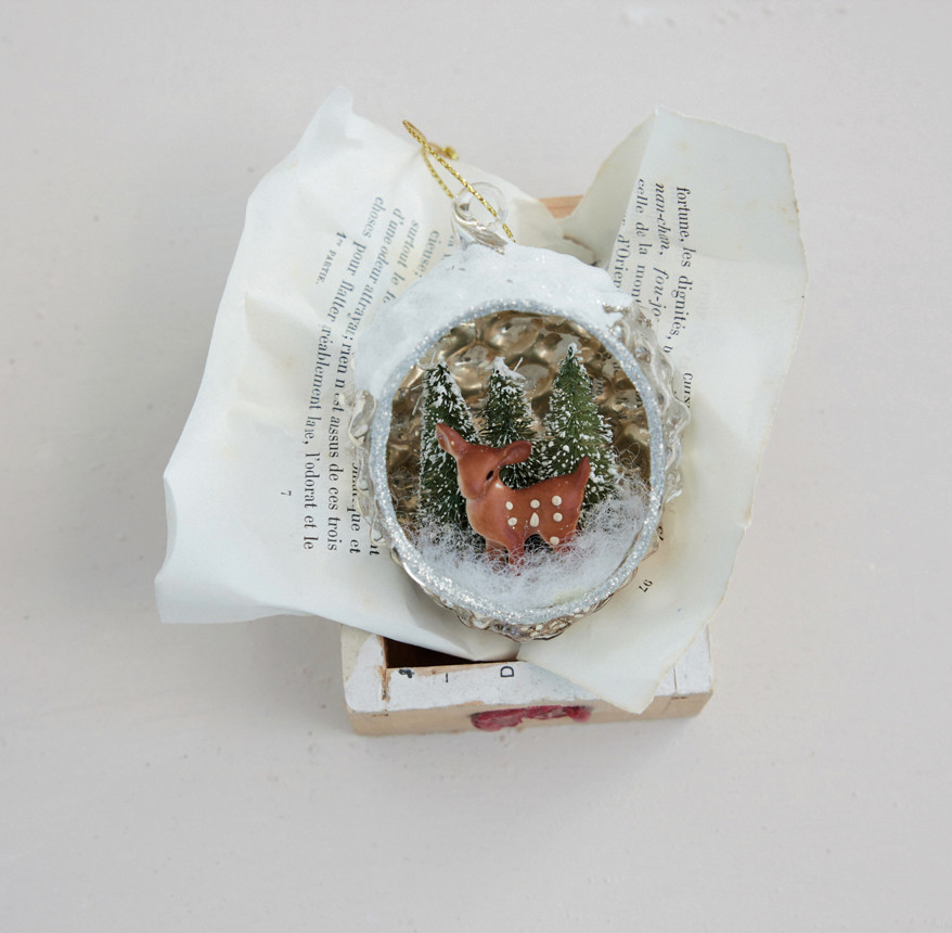 Mercury Glass Diorama Ornament with Deer & Glitter