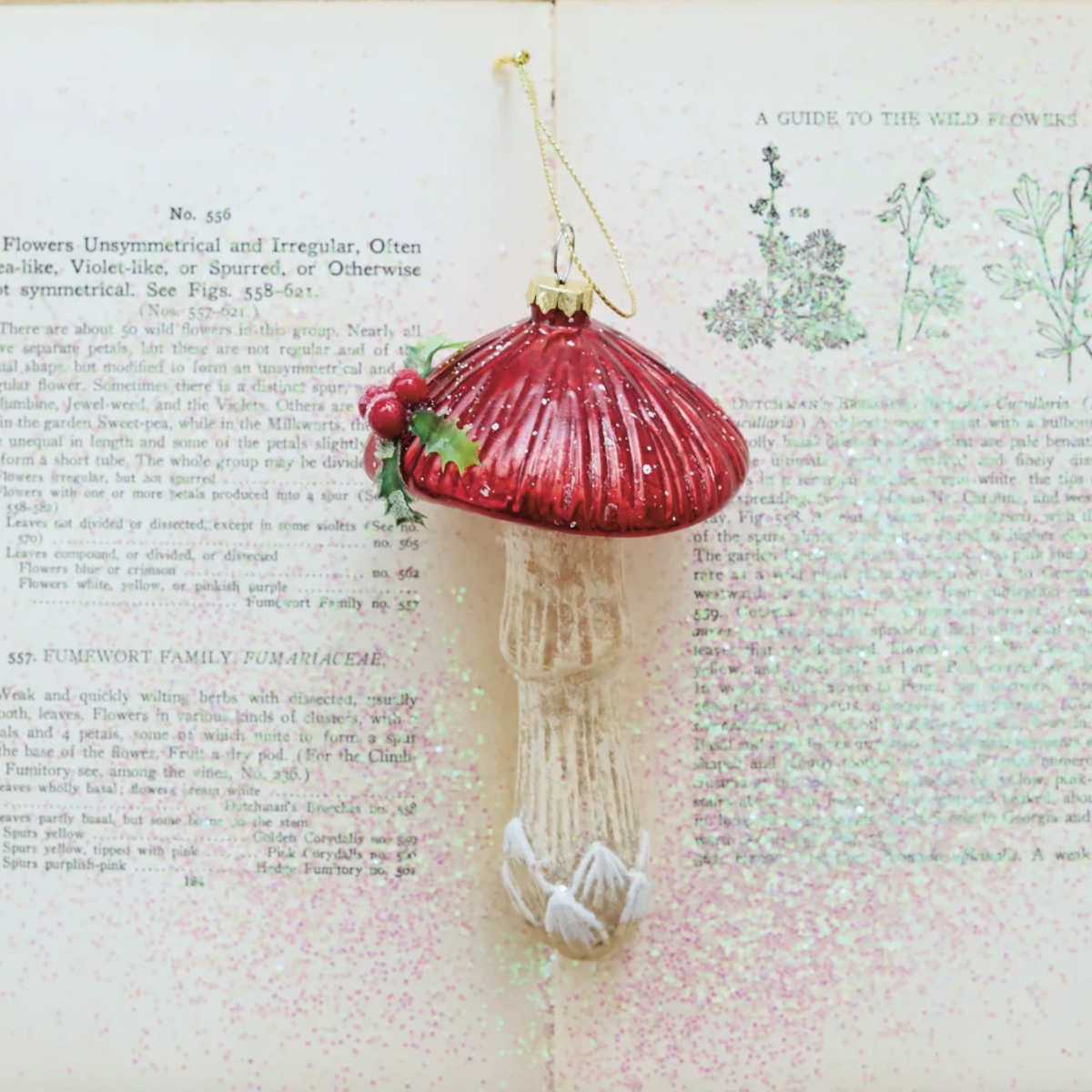 Hand-Painted Mercury Glass Mushroom Ornament with Holly & Glitter
