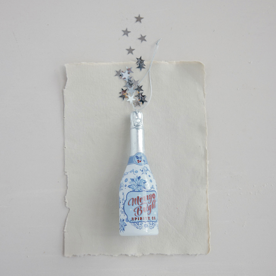 Glass Champagne Bottle Ornament - Merry & Bright