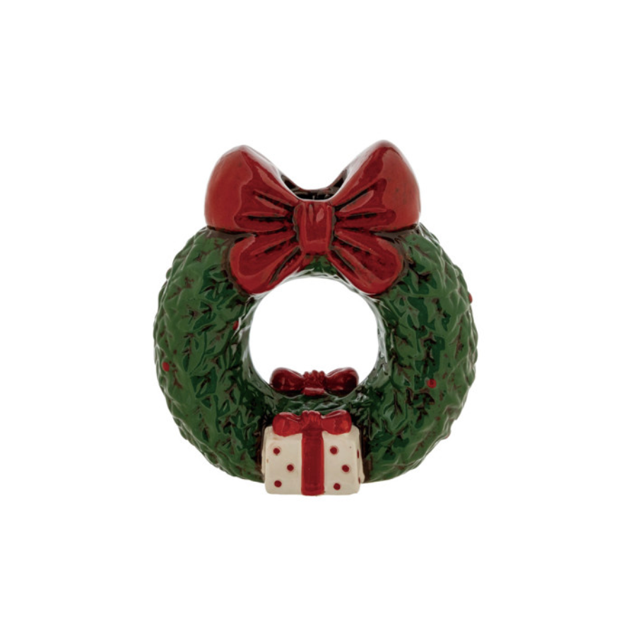 Hand-Painted Ceramic Wreath Shaped Taper Holder with Bow