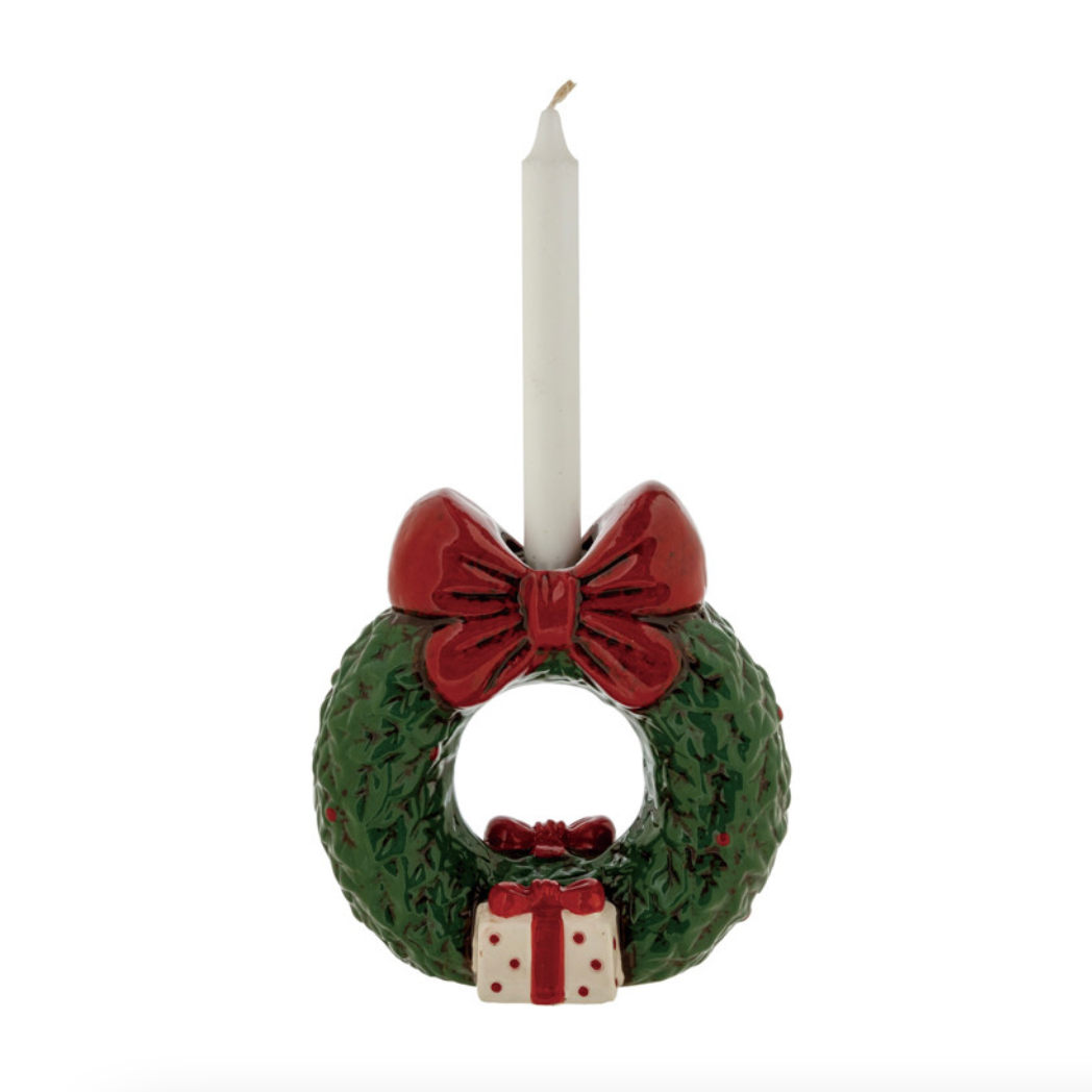 Hand-Painted Ceramic Wreath Shaped Taper Holder with Bow