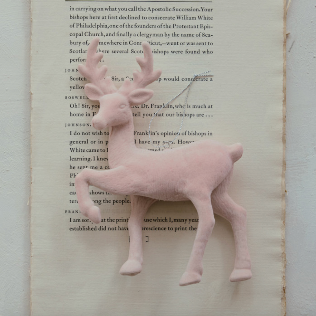 Flocked Deer Ornament - Blush Color