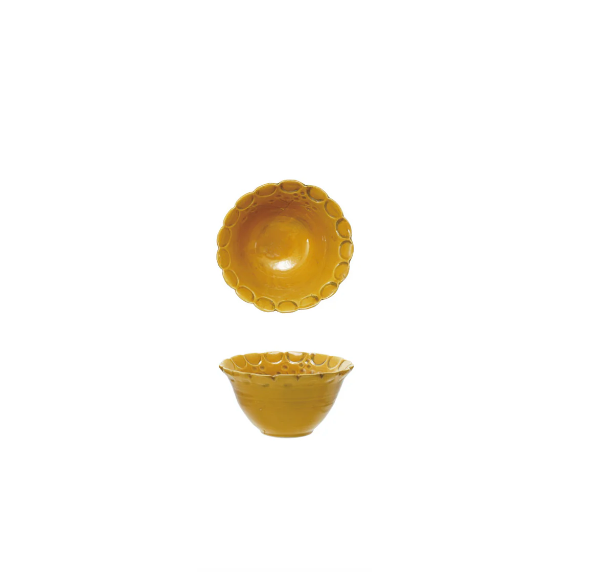 Yellow ceramic bowl with decorative rim on a white background