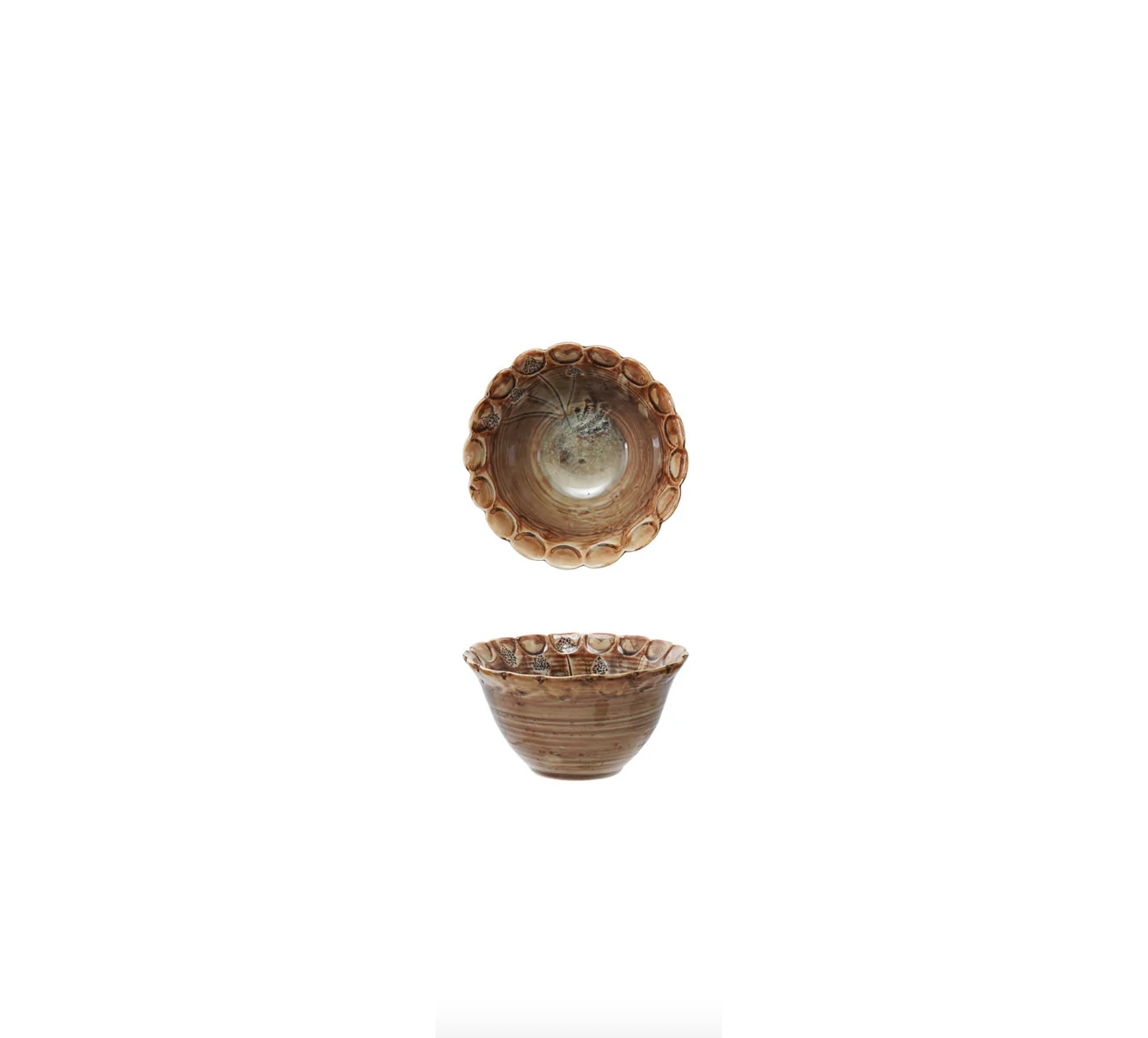 Brown ceramic bowl with decorative rim on a white background