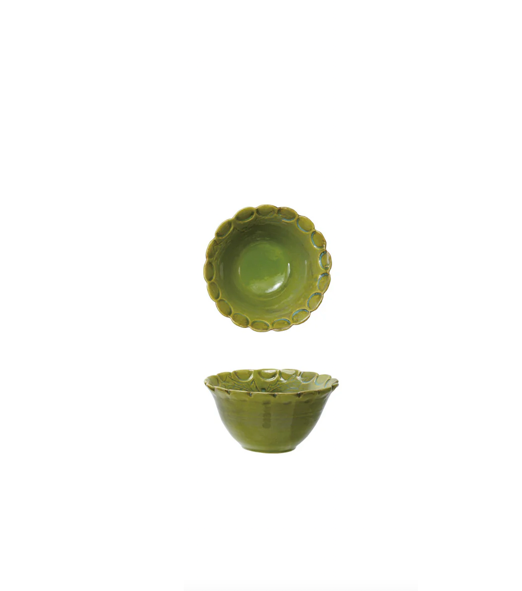 Debossed Stoneware Scalloped Bowl - Green
