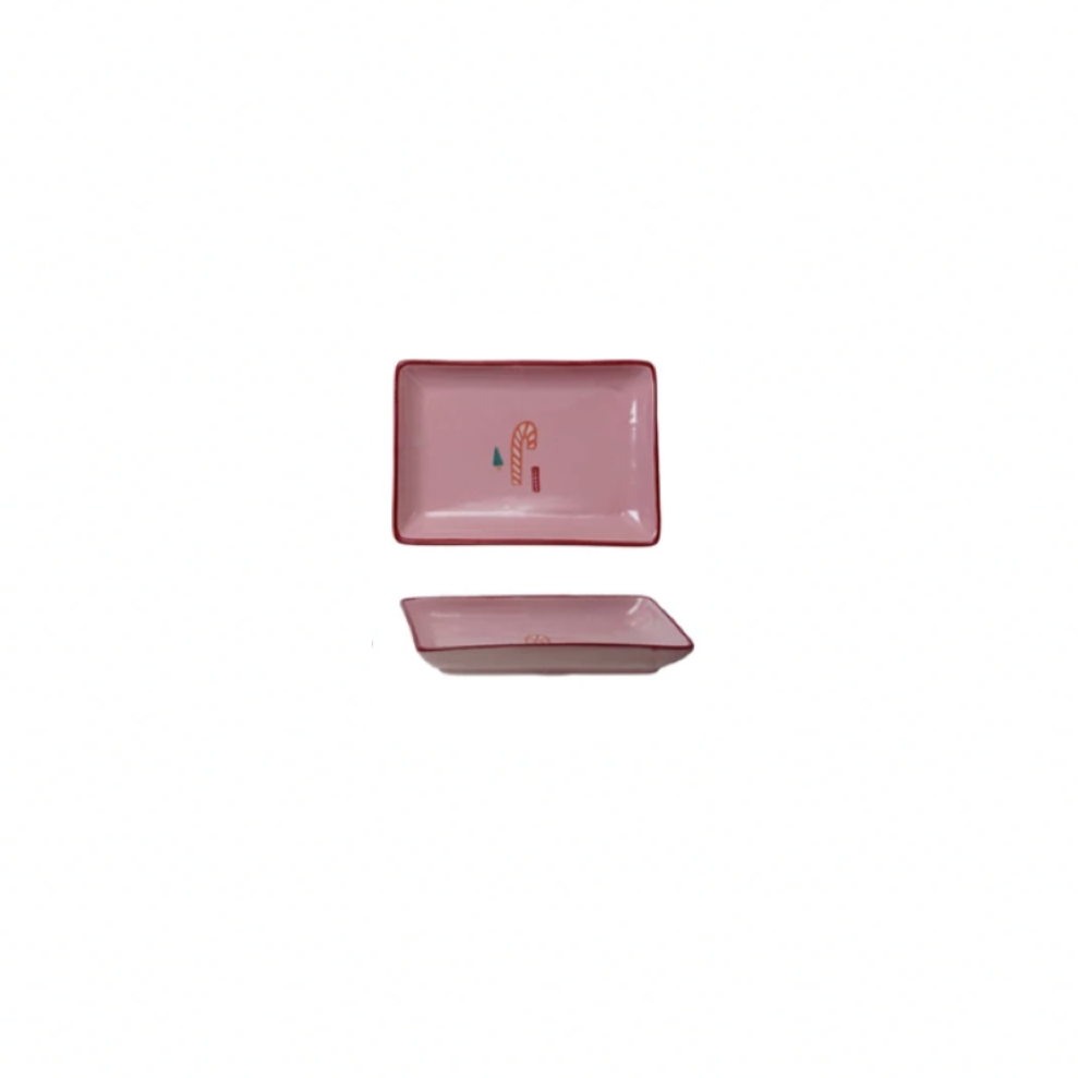 Stoneware Red Rimmed Dish with Candy Cane