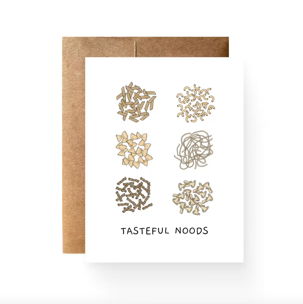 "Tasteful noods" written underneath watercolor paintings of piles of noodles.