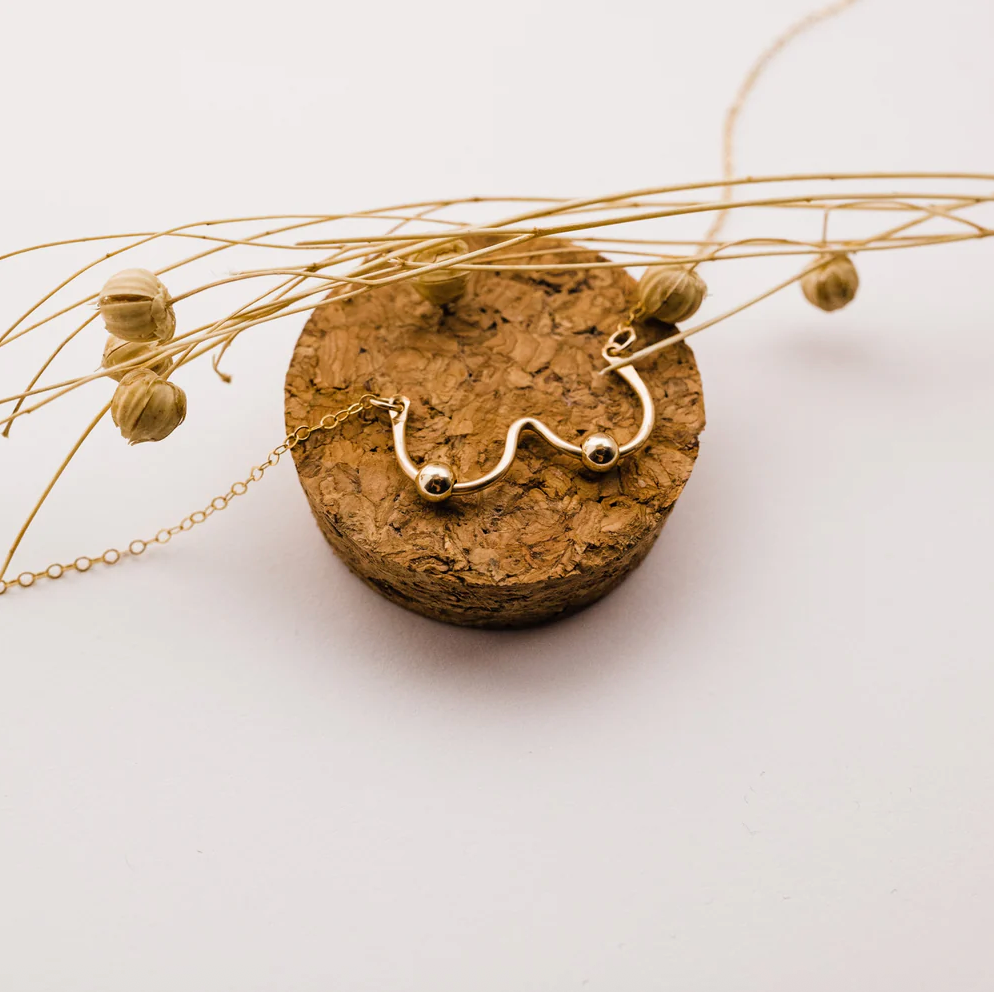 Hand formed "boobs" are adorned with 2 "nipples" in the same metal as the shaped wire. Attached to 20" of chain. "Boobs" are resting a top a piece of cork with dried floral adornment. 