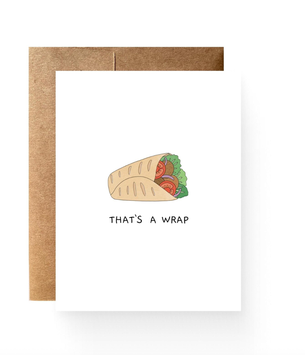 A watercolor image of a gyro wrap with falafel, lettuce, tomatoes, wrapped in a flatbread. Below the gyro the phrase, "That's a wrap" is written. 