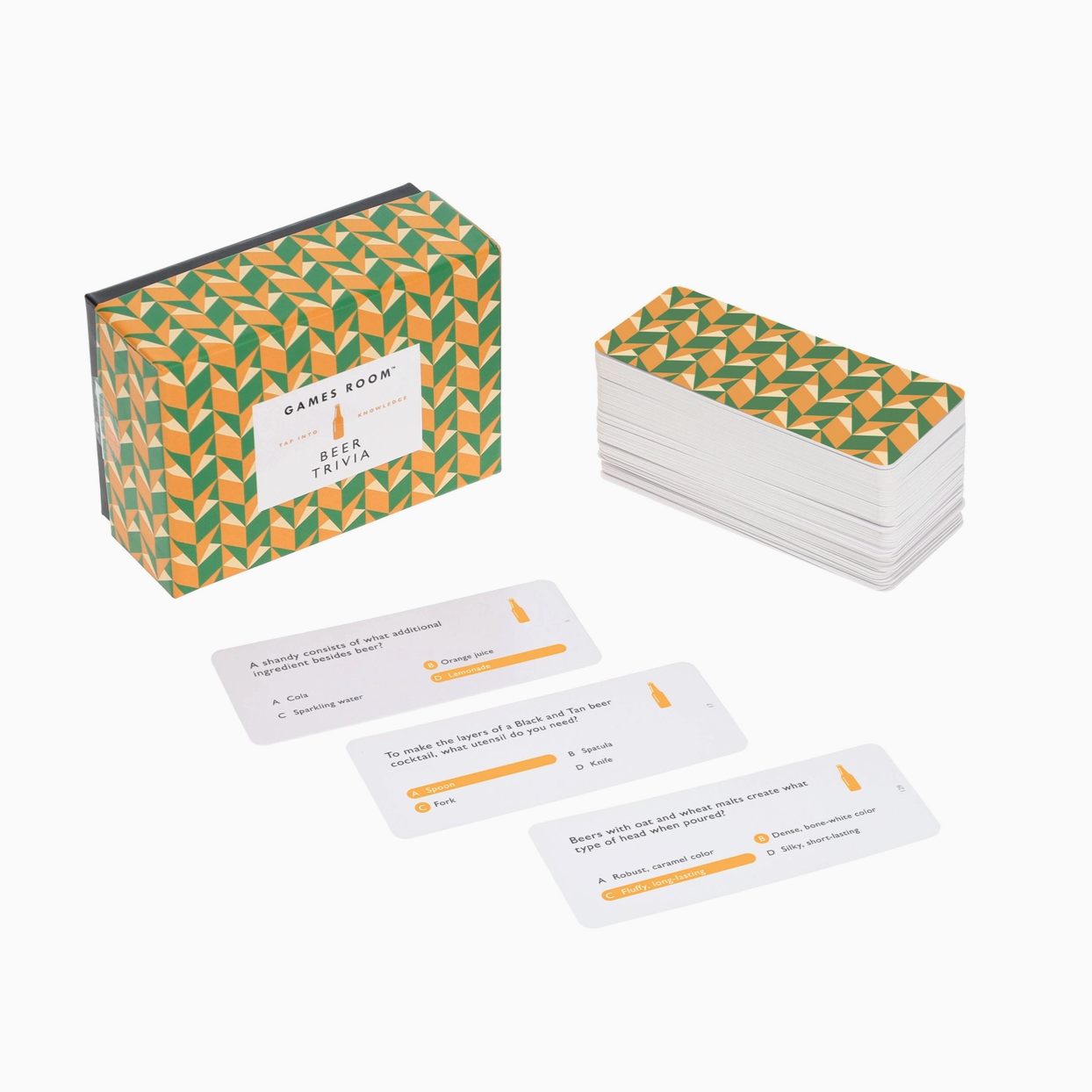 Long rectangle cards with examples of beer trivia. 