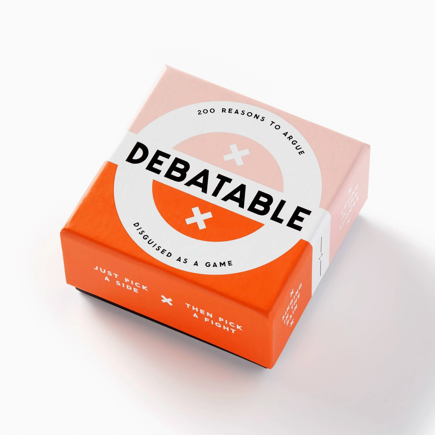 The box for Debatable, the card game. The front says, "200 reasons to argue, disguised as a game". 