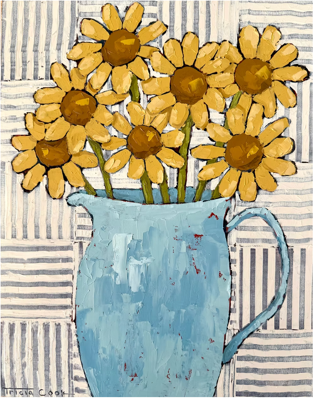 A textured painting of six yellow daisies with brown centers arranged in a light blue pitcher. The flowers have green stems and stand against a white-and-gray striped background.