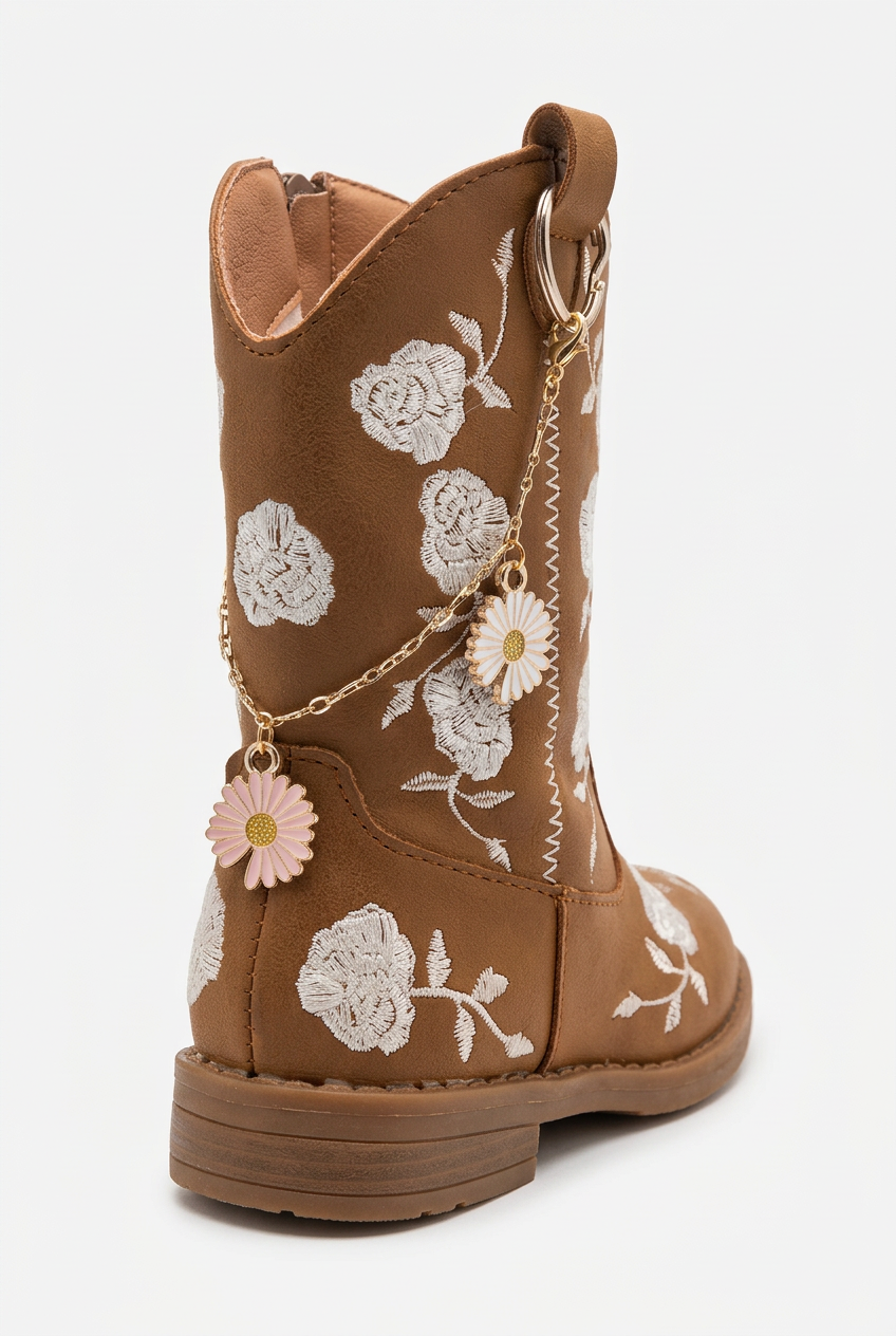 Brown toddler cowboy boot with cream floral embroidery, decorated with gold-tone chains and daisy charms in soft pink and ivory with gold centers.