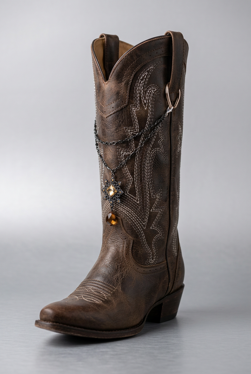 Dark brown cowboy boot with intricate cream stitching, decorated with layered dark silver-tone chains featuring an ornate floral pendant with an amber-colored square crystal and a matching faceted amber drop charm.
