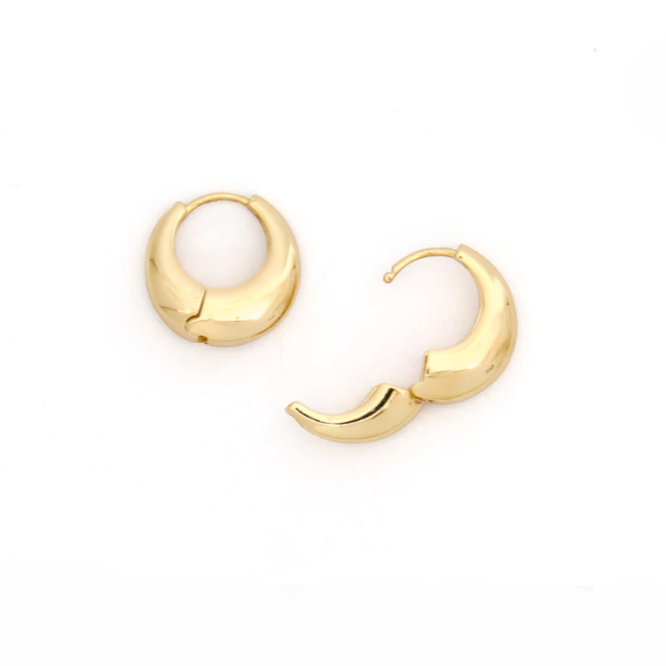A pair of chunky gold hoop earrings with a smooth, polished finish are shown side by side against a white background. Their thick, rounded design gives them a bold yet minimalist look, perfect for everyday wear or dressing up an outfit.