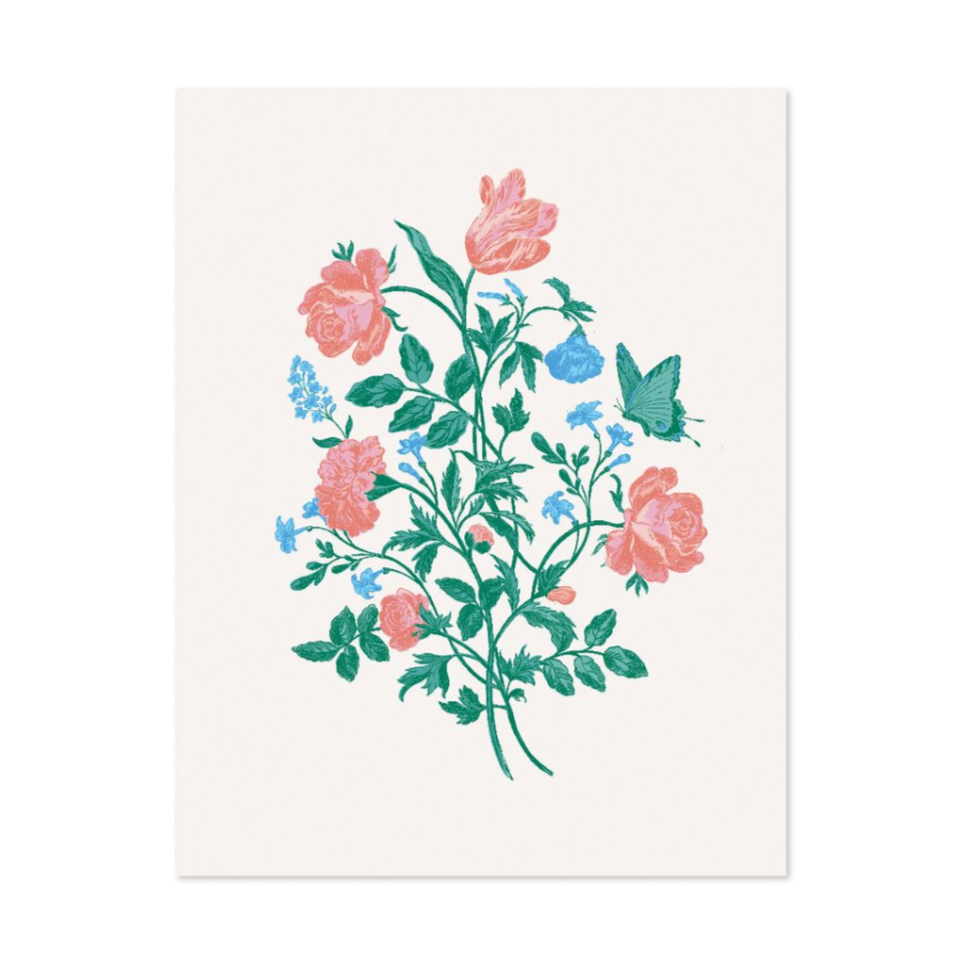 8x10 print featuring a pink and blue jardin bouquet with a green butterfly
