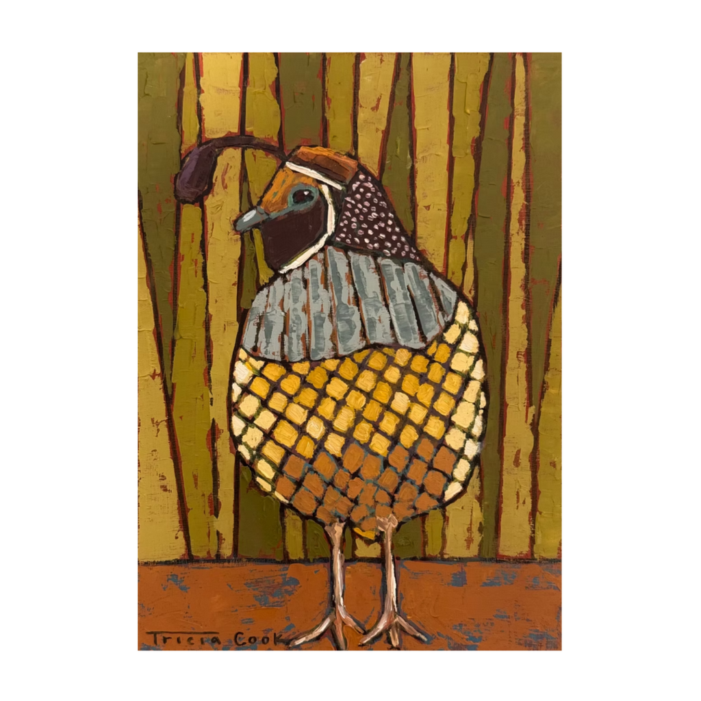 print of a quail standing in a backyard