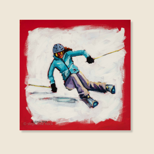 "Red Skier" - Original Painting - Winter Solstice Art Show
