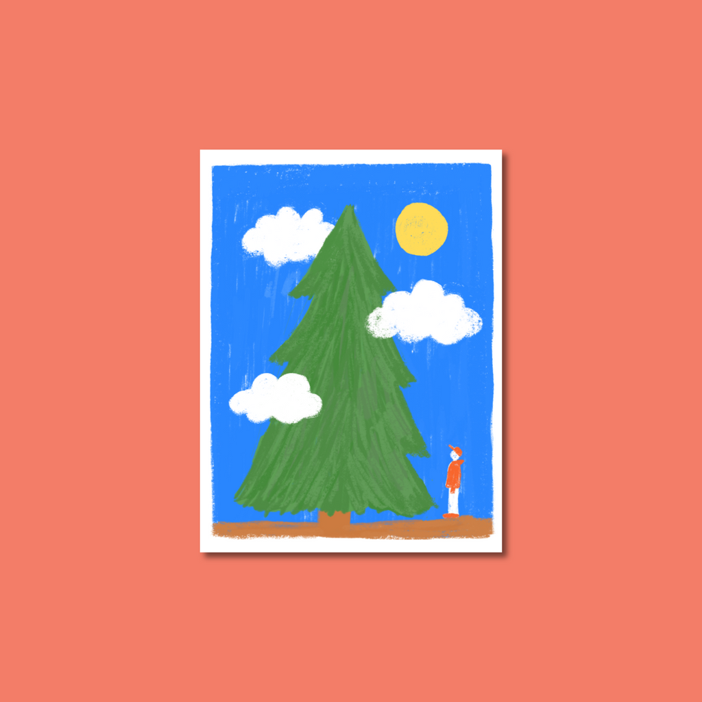 a rectangle sticker featuring a pine tree with clouds, a sun, and a little man