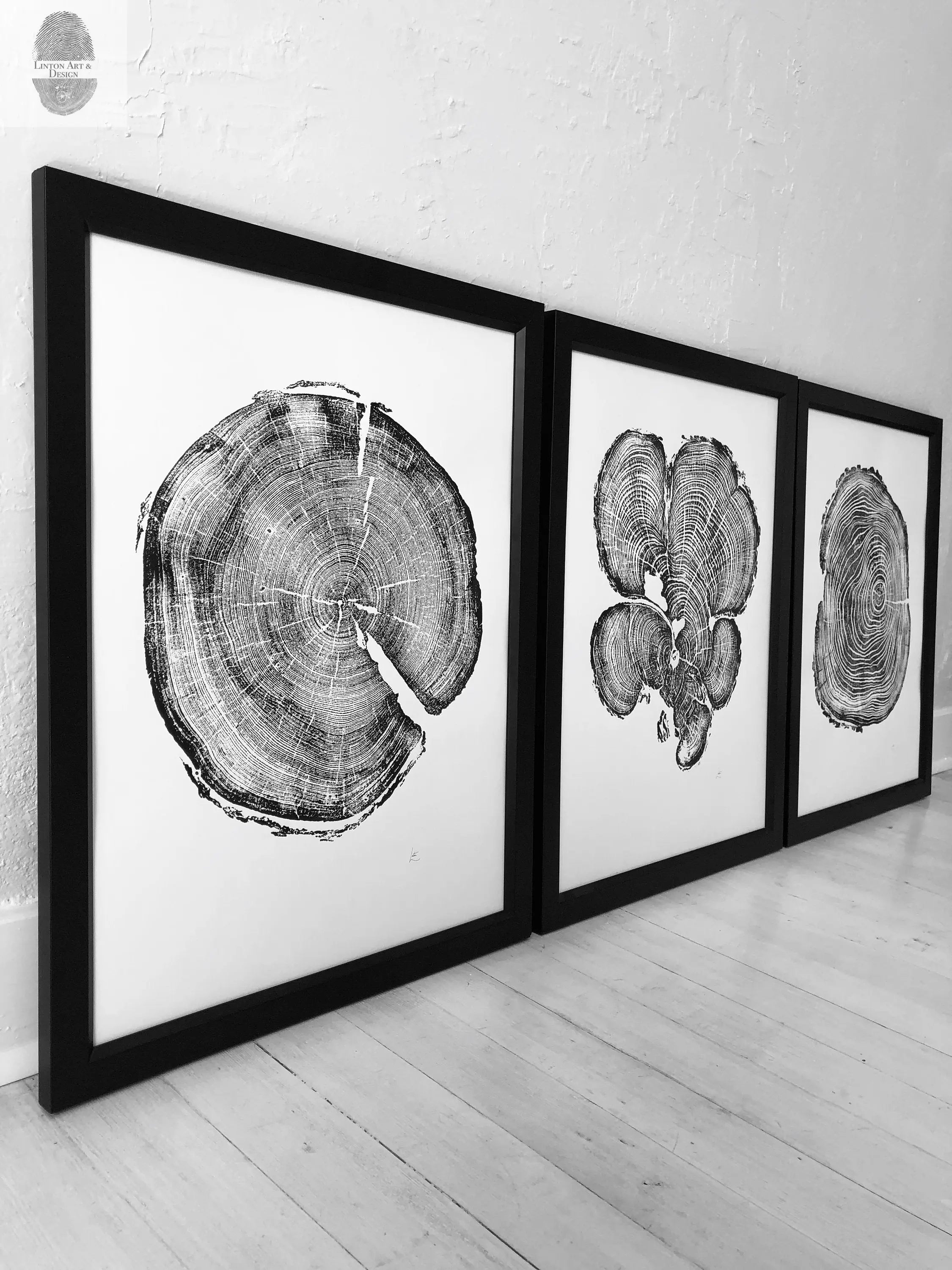 Three Panel Wall Art, Tree Blocks, Woodcut print, Tree hugger gift, Signed Original 18x24 inches