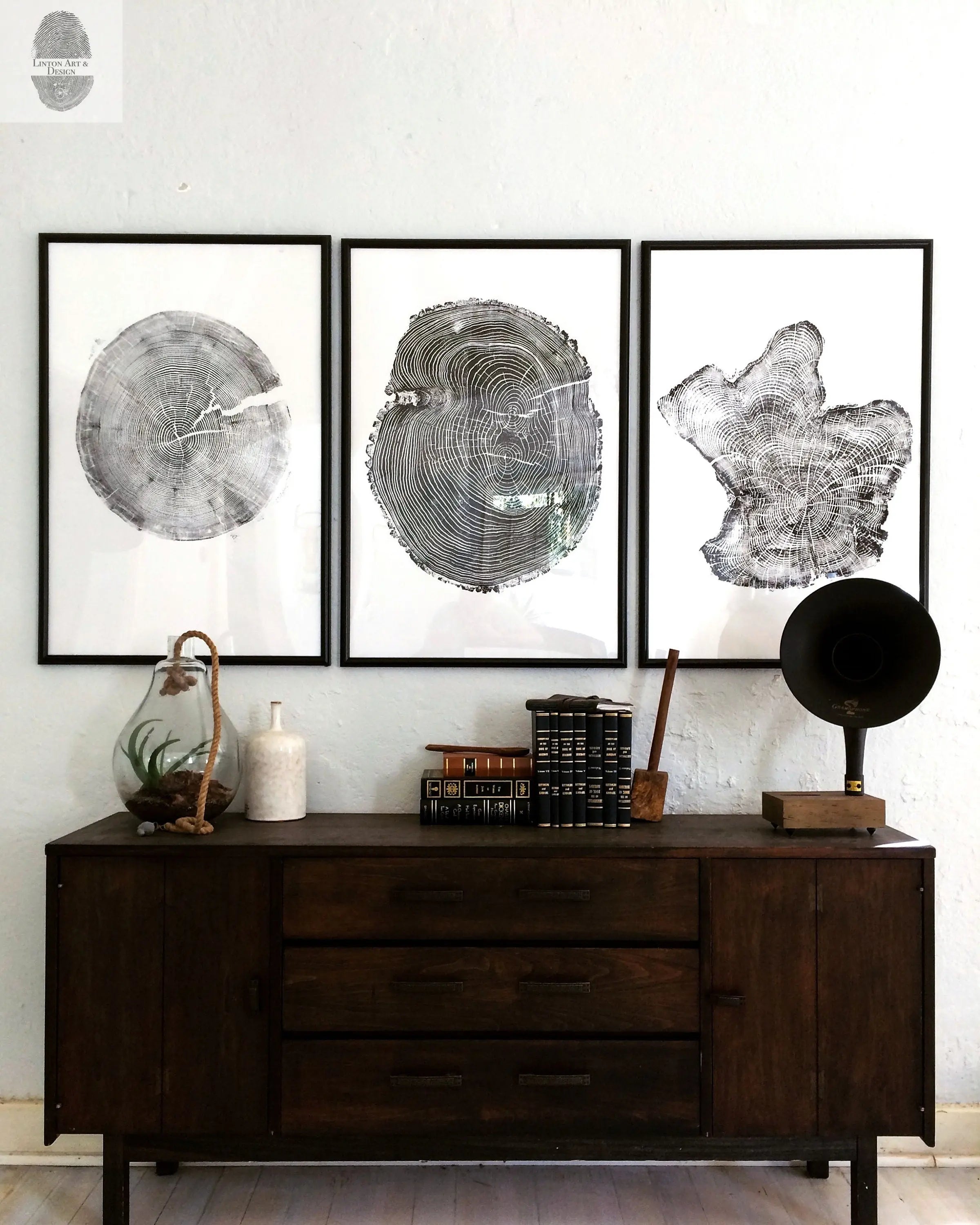 Tree rings Print, Three Panel Wall Art, Woodcut print, Lumber, Tree of Life, Sacred Geometry, Live Edge, Shabby Tree, Each 24x36 inches