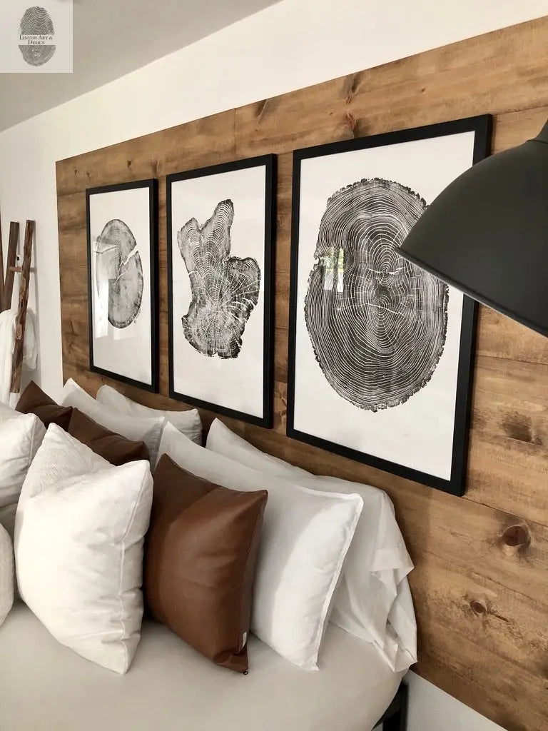 Tree rings Print, Three Panel Wall Art, Woodcut print, Lumber, Tree of Life, Sacred Geometry, Live Edge, Shabby Tree, Each 24x36 inches