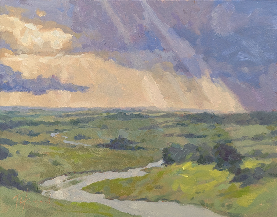 A winding river through green rolling hills. The sky is purple and yellow and golden rays of sunshine are shining down. 