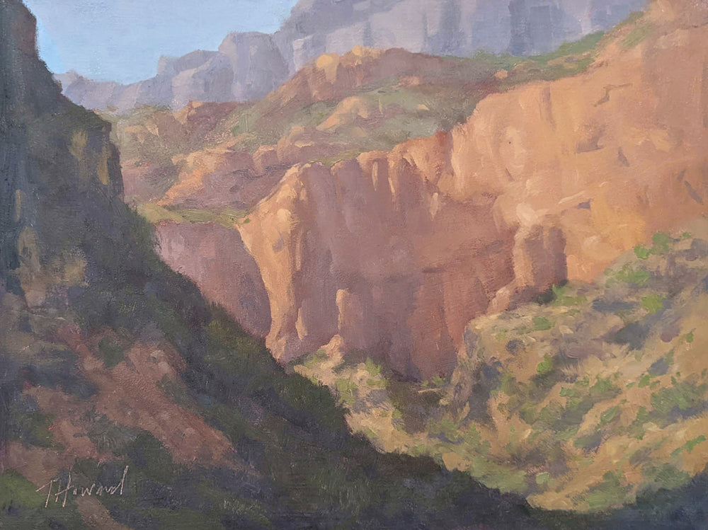 A painting of the grand canyon from the view as if you were standing in the bottom, looking up. The red rocks of the canyon are shining as the sun is setting and greenery is scattered across the canyon. 