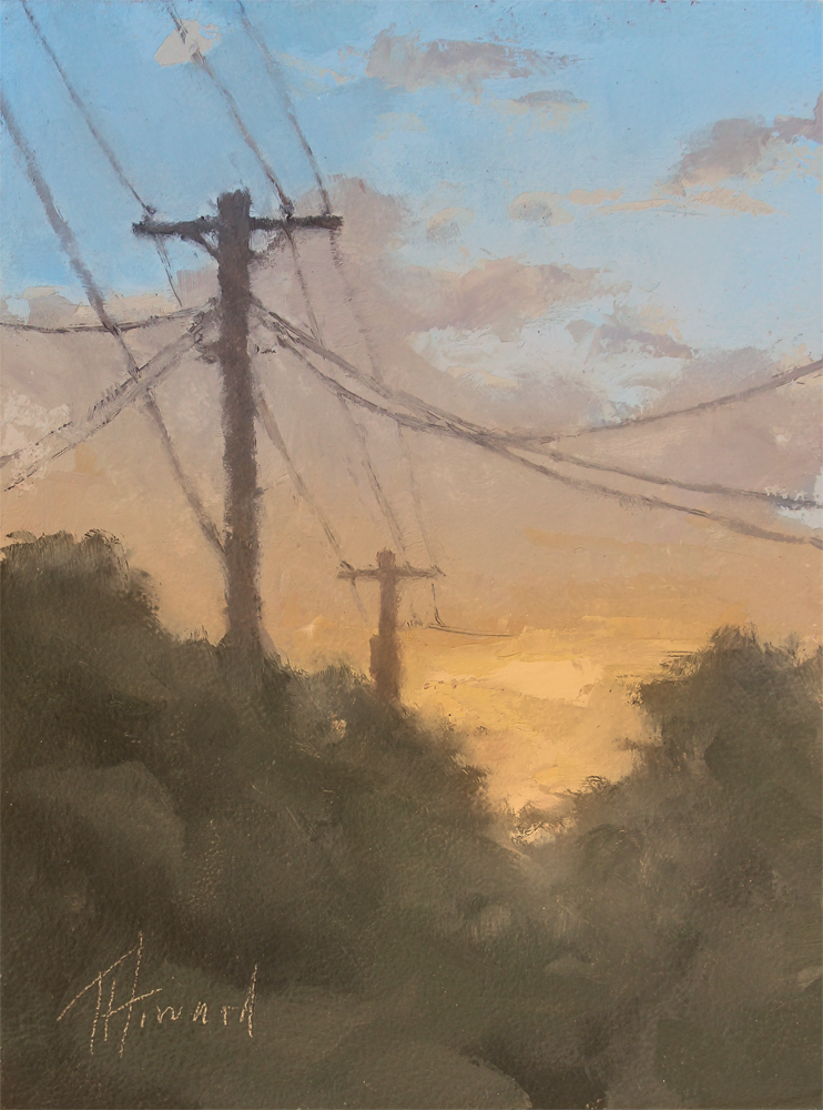 A city scene of powerlines through the trees. The sky is a blue and orange dusky hue. Leafy trees surround the powerlines and clouds scatter the sky. 